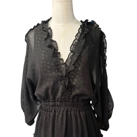 LOVESTITCH - Boho Black Midi Sheer dress with Gold Accents in Sz Small - Picture 3 of 7